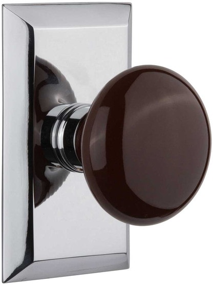 New York Rosette Door Set with Brown Porcelain Knobs in Polished Chrome.